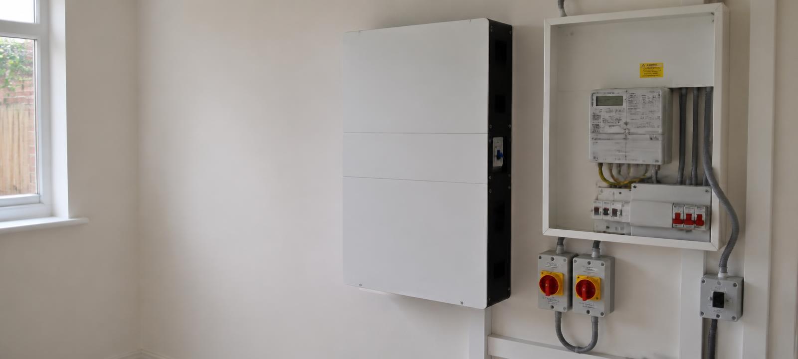 A wall-mounted home battery unit in a utility space, cabling neatly clipped to the wall